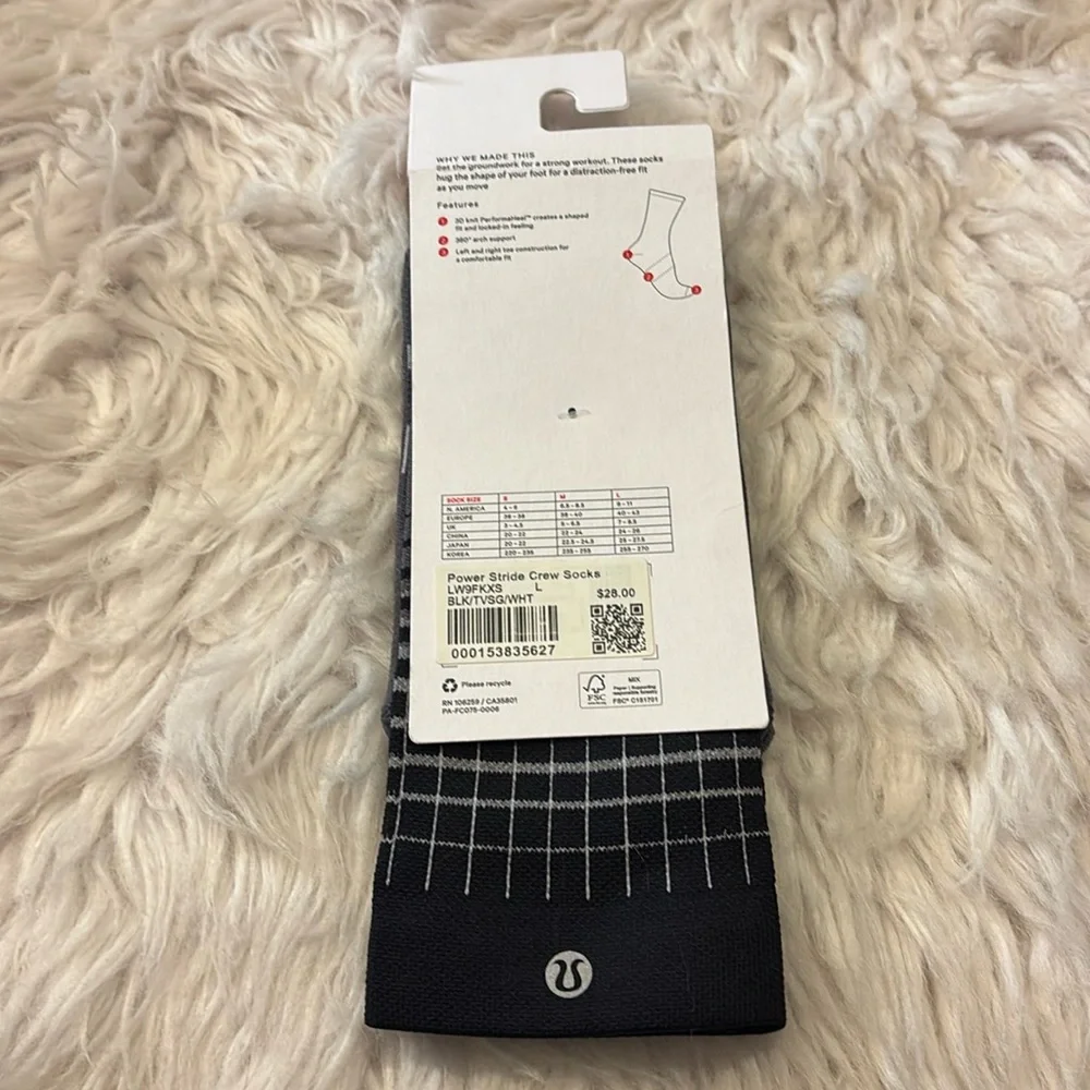 Lululemon Women Power Stride Crew Socks*Reflective, Black/Traverse Grey/White, L